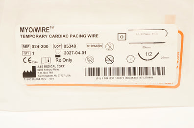 A&E Medical 024-200 2-0 MYO/Wire Temporary Cardiac Pacing Wire 89mm, 1/2 26mm